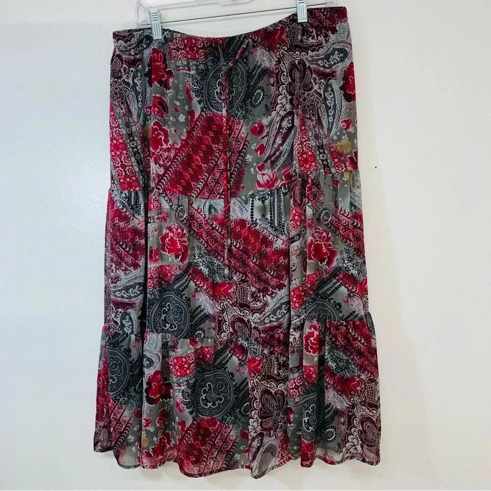 Preswick &  Moore Midi‎ Skirt Large  Peasant Pull On Tiered Maroon Gray Floral